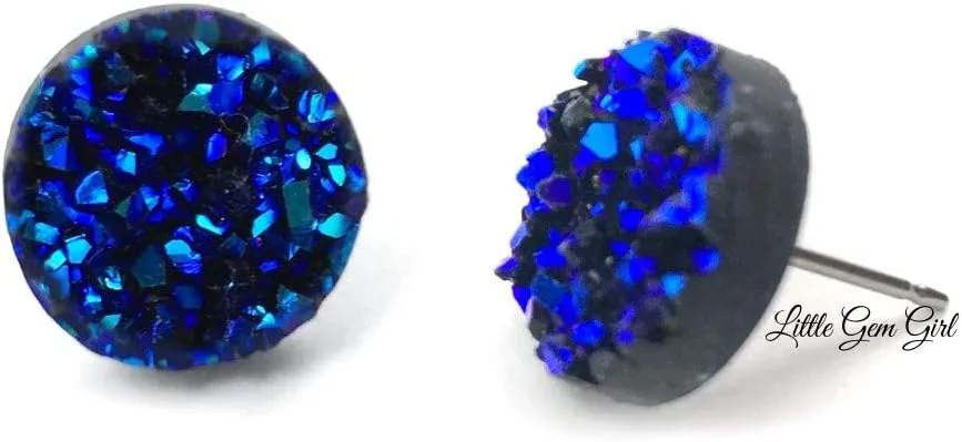 12mm Faux Resin Druzy Stud Earrings - Stainless Steel Posts, Hypoallergenic, Nickel Free Boho Chic Sparkly Glitter Studs