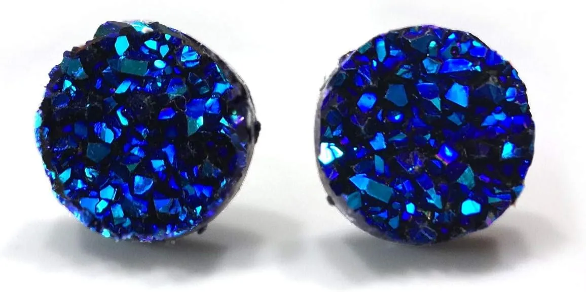 12mm Faux Resin Druzy Stud Earrings - Stainless Steel Posts, Hypoallergenic, Nickel Free Boho Chic Sparkly Glitter Studs