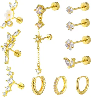 12pcs Flatback Earrings for Women, Gold Cartilage Earring, Cartilage Hoop Earrings, 14k Conch Piercing Jewelry, Earring Set for Multiple Piercing