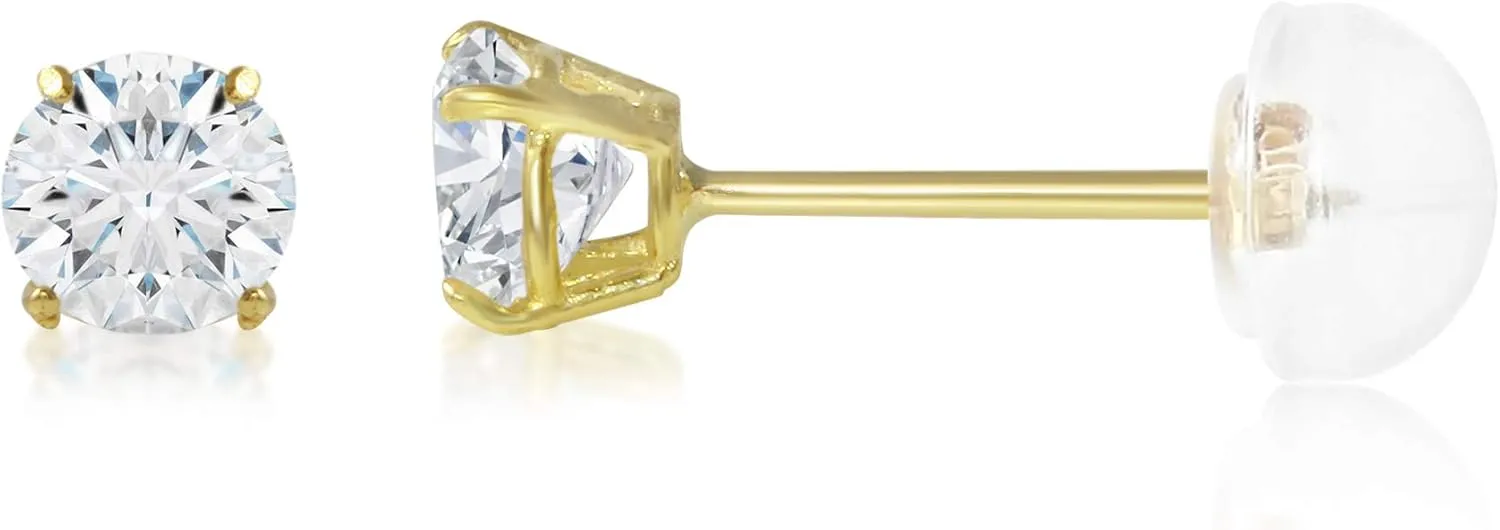 14K Gold Round Solitaire Cubic Zirconia CZ Stud Earrings in Yellow OR White 0.1-2.0 carat
