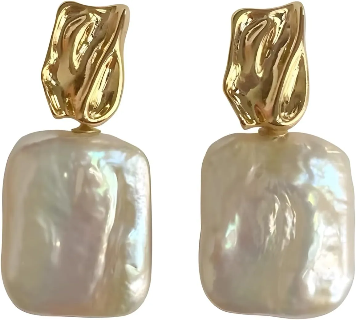 18K Gold Plated Baroque Pearl Earrings for Women Minimalist Geometric Square Chunky Pearls Drop Earrings
