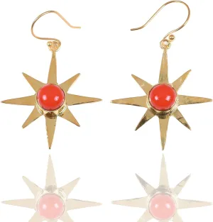 18K Gold Plated Red Coral Round Stone Dangle Earrings