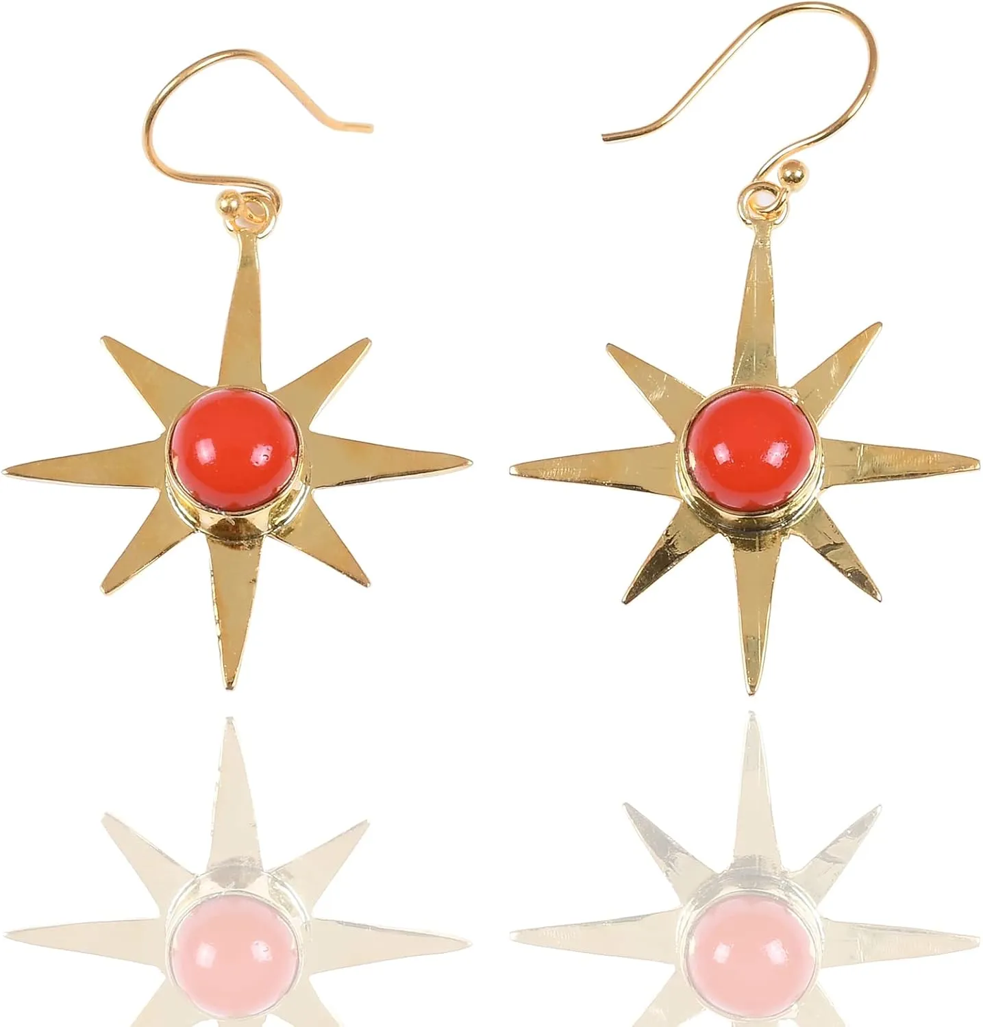18K Gold Plated Red Coral Round Stone Dangle Earrings
