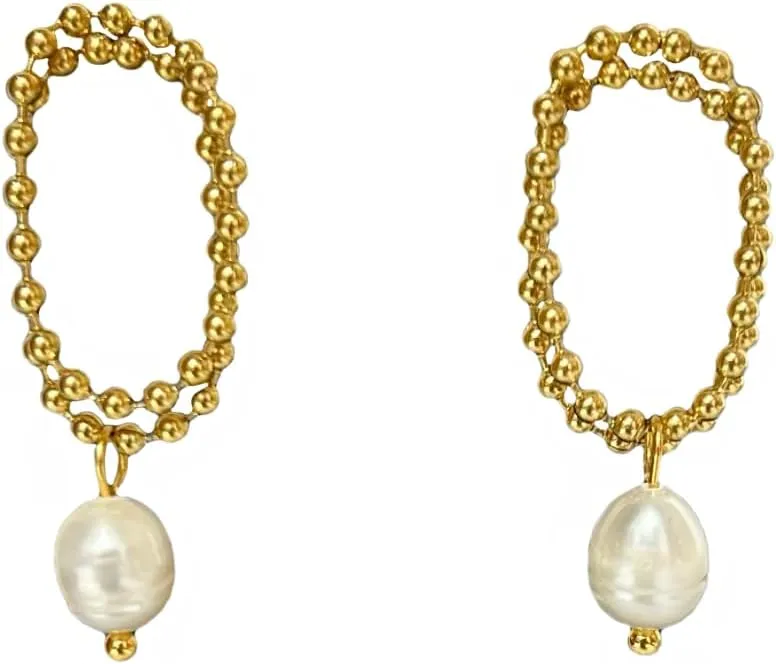 18K Gold Plated Stainless Steel Fashionable and Minimalist INS Retro Rococo Chain Natural Freshwater Baroque Pearl Drop Earrings for women