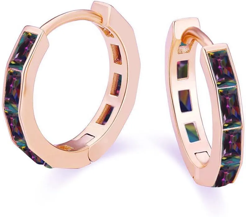 18K Rose Gold 3Ct Emerald Cut Huggie Hoop Earrings Plated