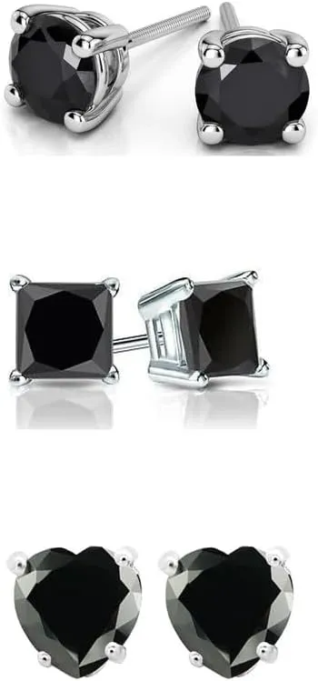 18k White Gold 4Cttw Created Black Sapphire 3 Pair Round, Square And Heart Stud Earrings Plated