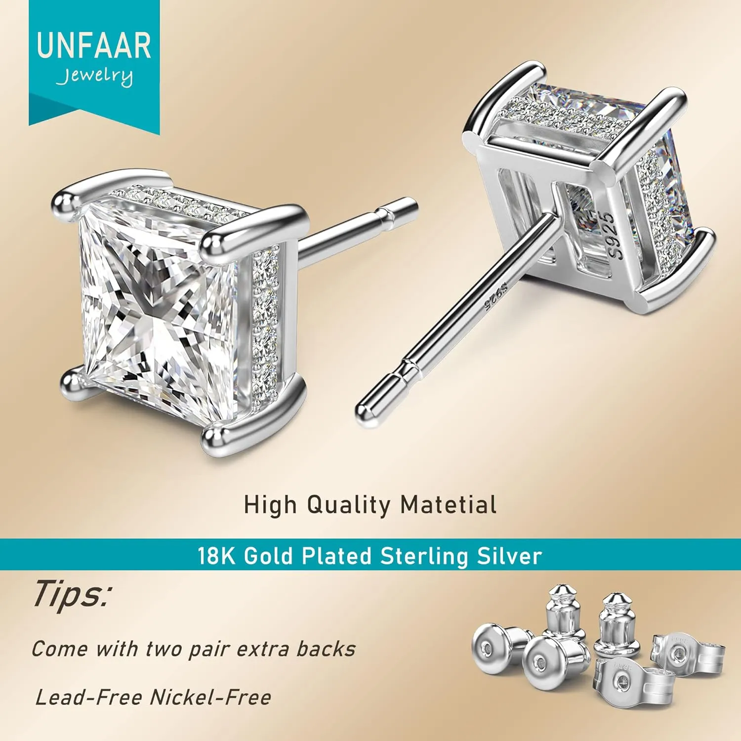 18K White Gold Plated Sterling Silver Princess Cut Cubic Zirconia Stud Earrings Square CZ Diamond Stud Earrings for Women Men Hypoallergenic
