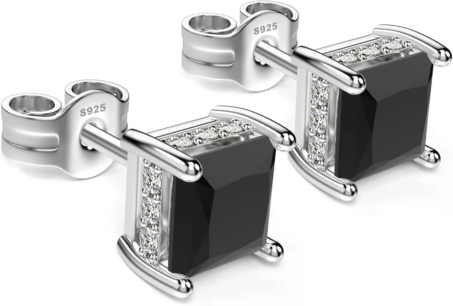 18K White Gold Plated Sterling Silver Princess Cut Cubic Zirconia Stud Earrings Square CZ Diamond Stud Earrings for Women Men Hypoallergenic