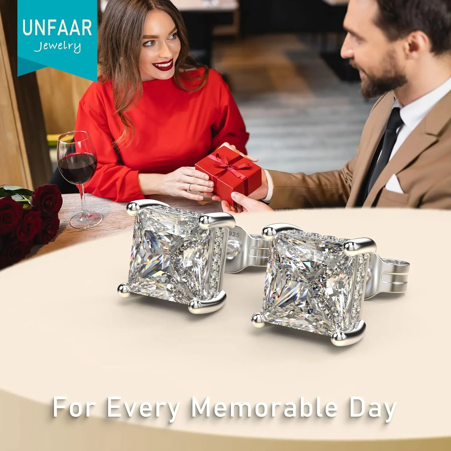 18K White Gold Plated Sterling Silver Princess Cut Cubic Zirconia Stud Earrings Square CZ Diamond Stud Earrings for Women Men Hypoallergenic