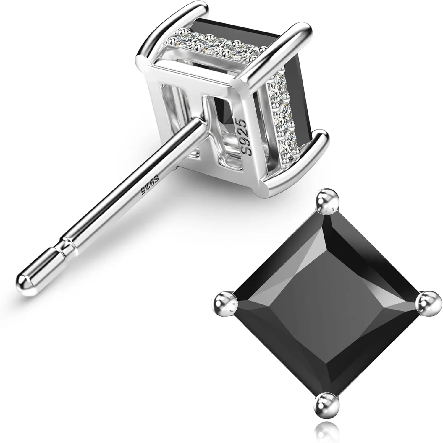 18K White Gold Plated Sterling Silver Princess Cut Cubic Zirconia Stud Earrings Square CZ Diamond Stud Earrings for Women Men Hypoallergenic