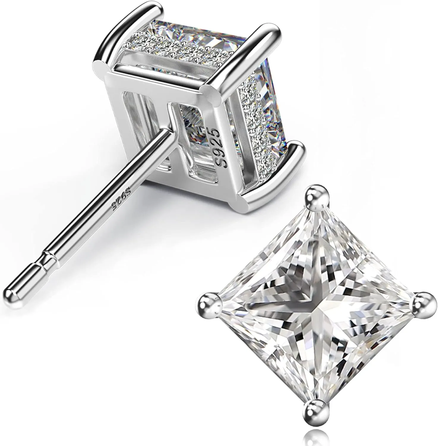 18K White Gold Plated Sterling Silver Princess Cut Cubic Zirconia Stud Earrings Square CZ Diamond Stud Earrings for Women Men Hypoallergenic