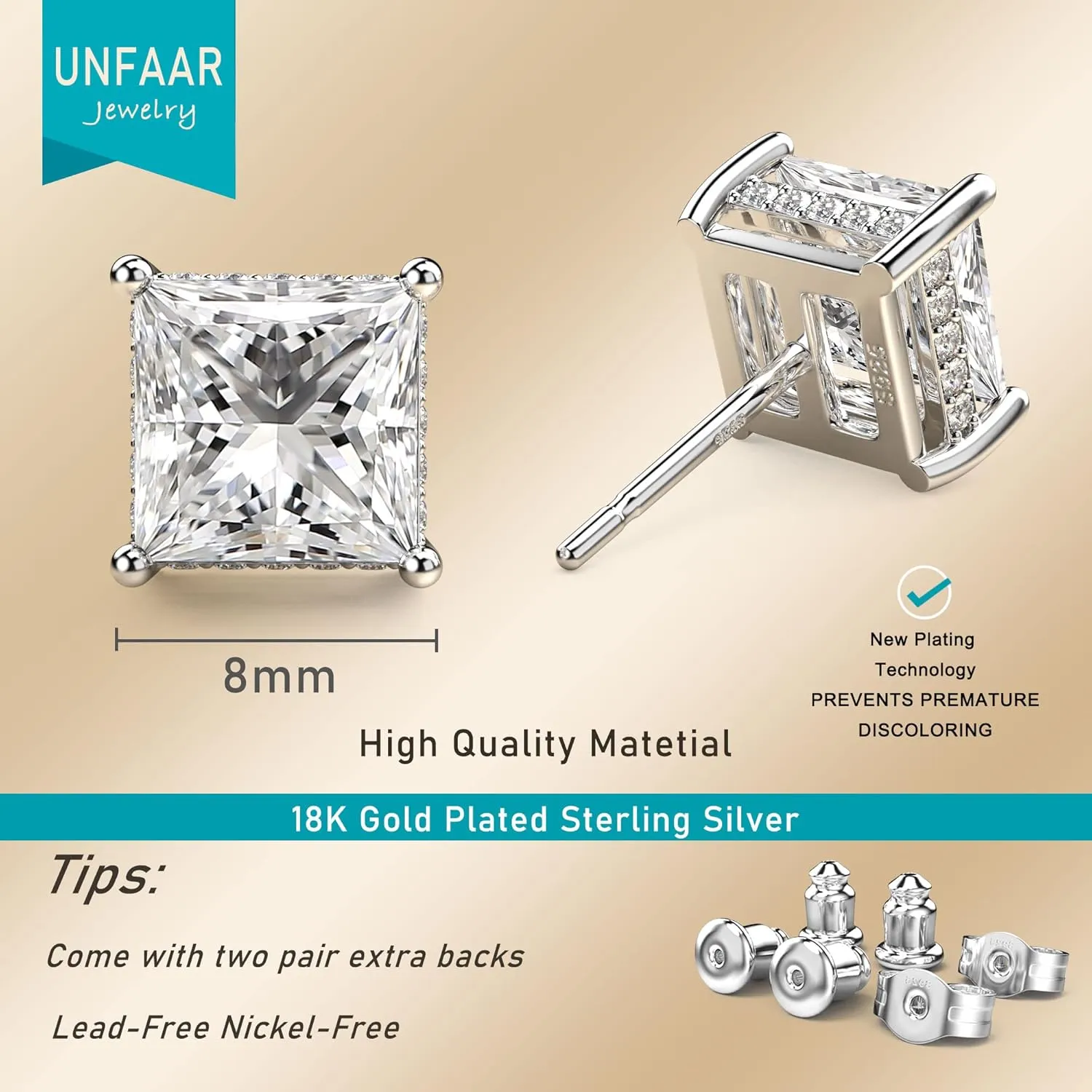 18K White Gold Plated Sterling Silver Princess Cut Cubic Zirconia Stud Earrings Square CZ Diamond Stud Earrings for Women Men Hypoallergenic