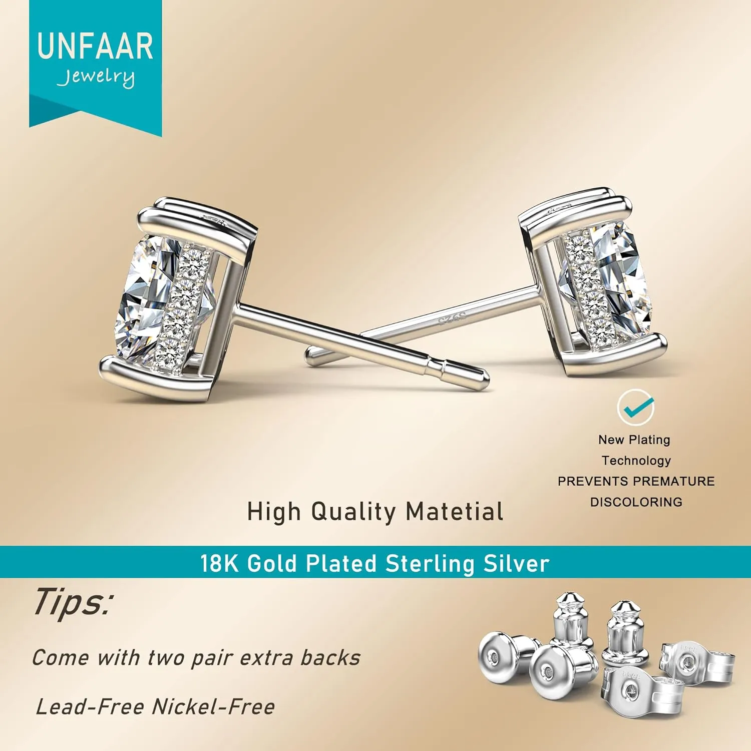 18K White Gold Plated Sterling Silver Princess Cut Cubic Zirconia Stud Earrings Square CZ Diamond Stud Earrings for Women Men Hypoallergenic
