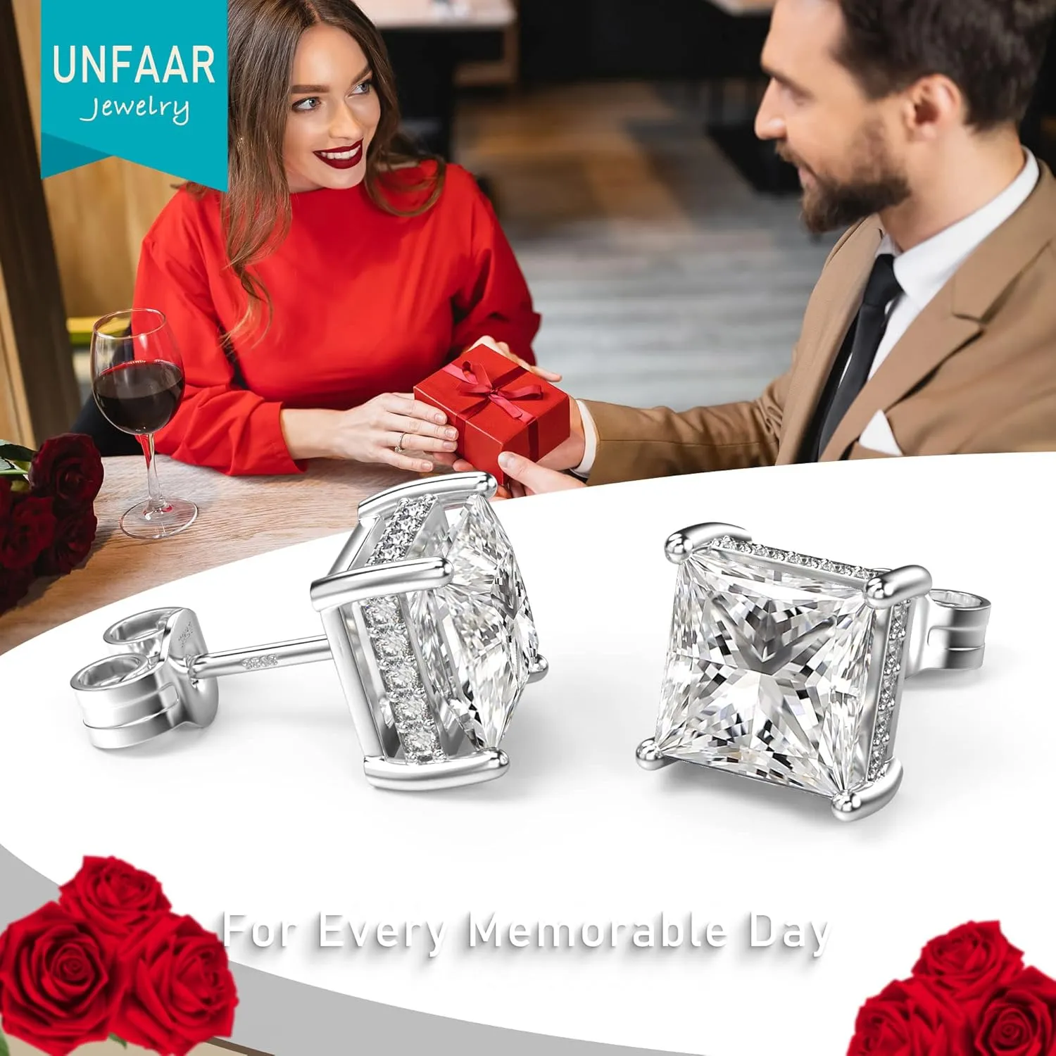 18K White Gold Plated Sterling Silver Princess Cut Cubic Zirconia Stud Earrings Square CZ Diamond Stud Earrings for Women Men Hypoallergenic
