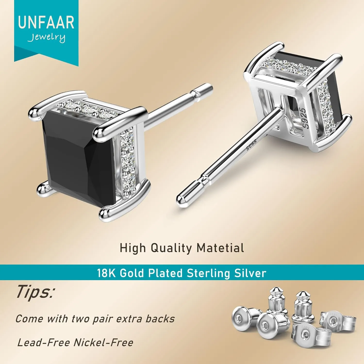 18K White Gold Plated Sterling Silver Princess Cut Cubic Zirconia Stud Earrings Square CZ Diamond Stud Earrings for Women Men Hypoallergenic