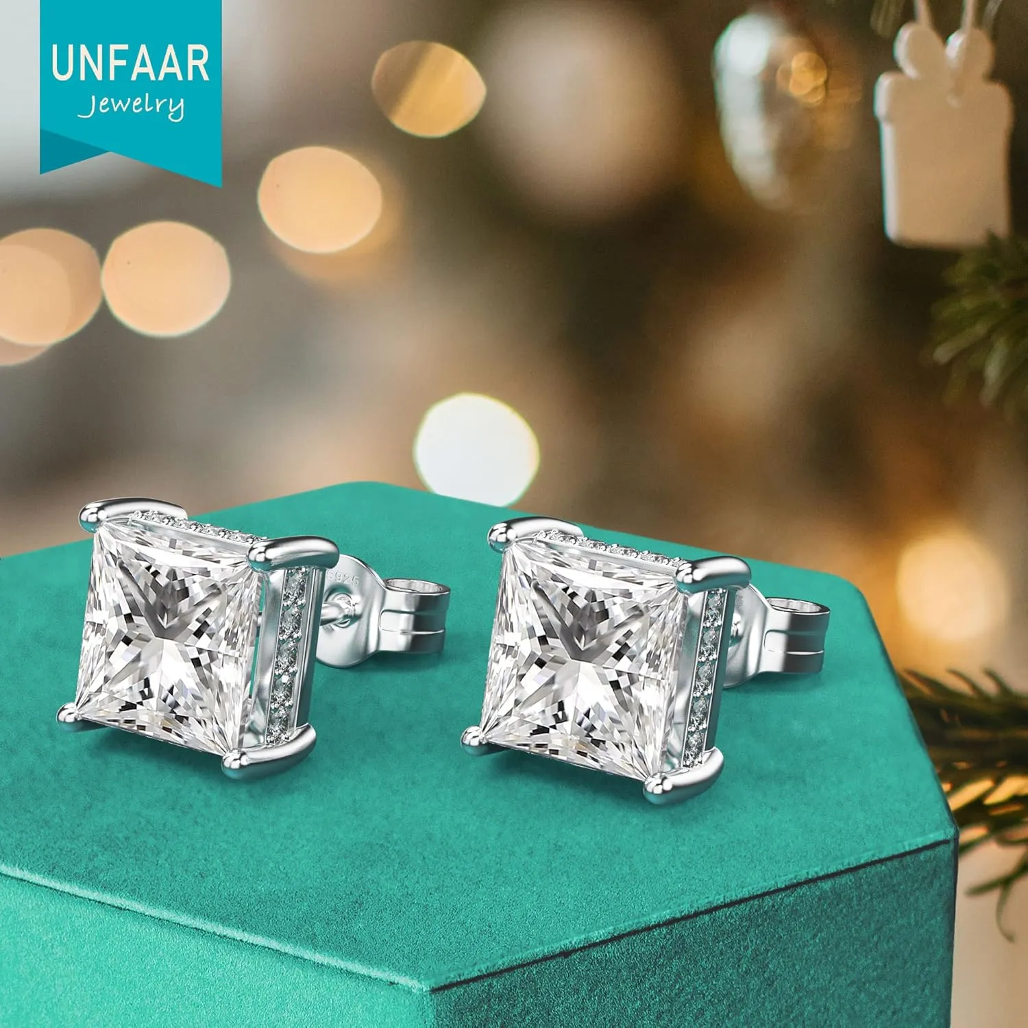 18K White Gold Plated Sterling Silver Princess Cut Cubic Zirconia Stud Earrings Square CZ Diamond Stud Earrings for Women Men Hypoallergenic