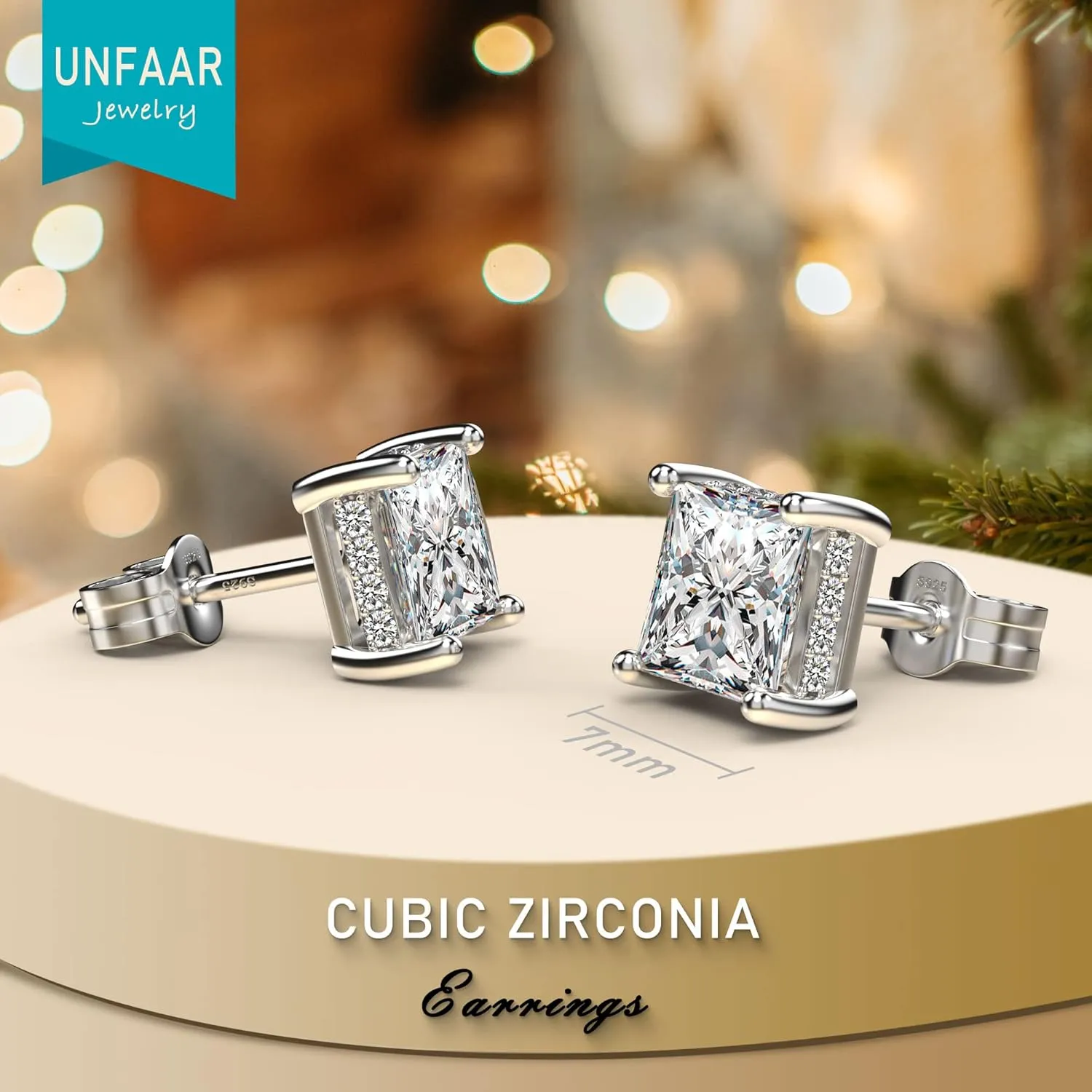 18K White Gold Plated Sterling Silver Princess Cut Cubic Zirconia Stud Earrings Square CZ Diamond Stud Earrings for Women Men Hypoallergenic
