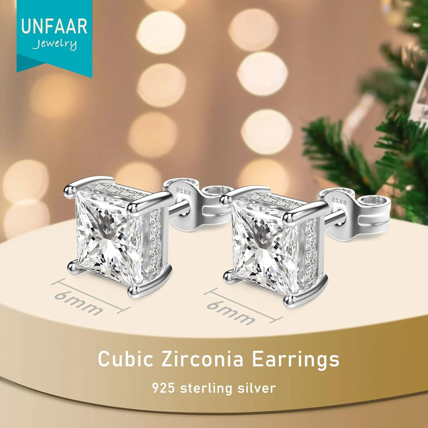 18K White Gold Plated Sterling Silver Princess Cut Cubic Zirconia Stud Earrings Square CZ Diamond Stud Earrings for Women Men Hypoallergenic