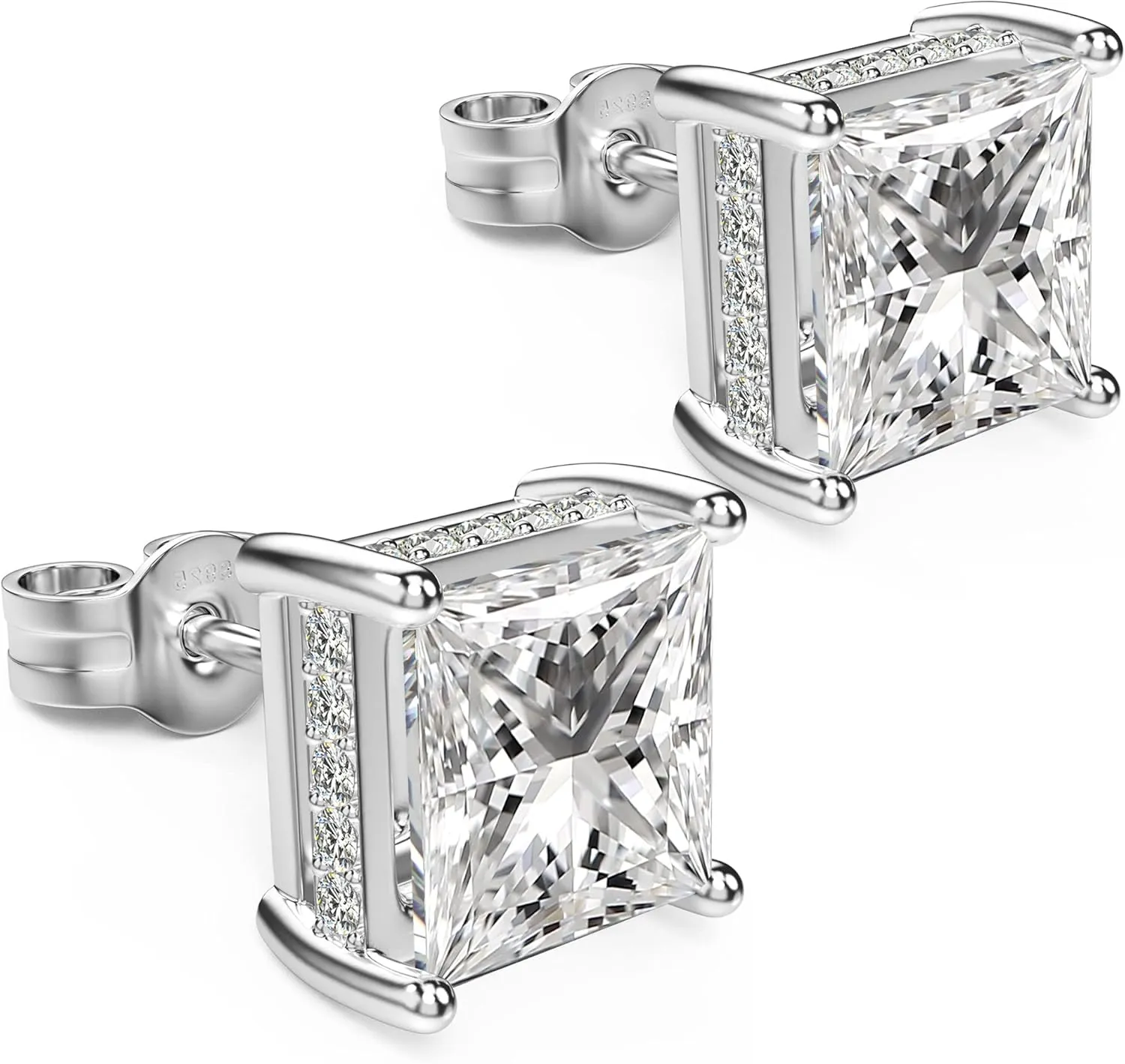 18K White Gold Plated Sterling Silver Princess Cut Cubic Zirconia Stud Earrings Square CZ Diamond Stud Earrings for Women Men Hypoallergenic