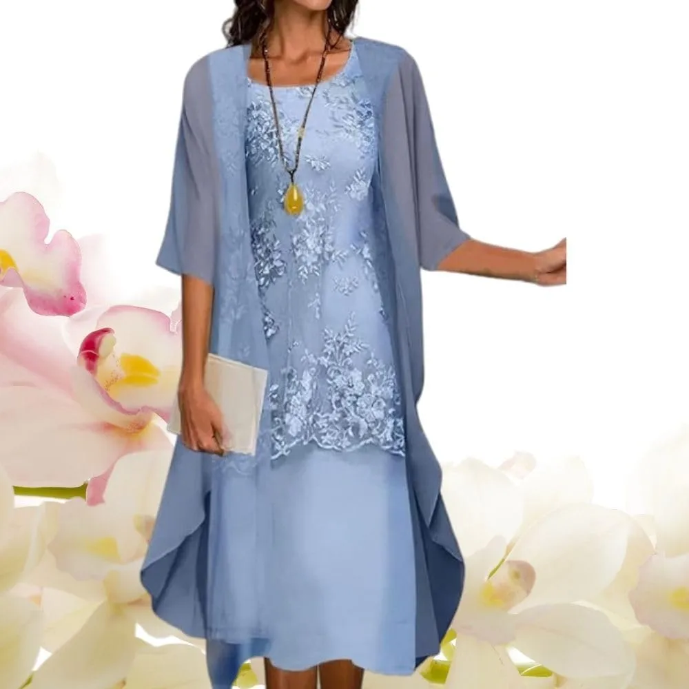 2 Piece Dress Set Chiffon Tea Length Mother of The Bride Dresses for Wedding Floral Print Evening Gowns with Cardigan