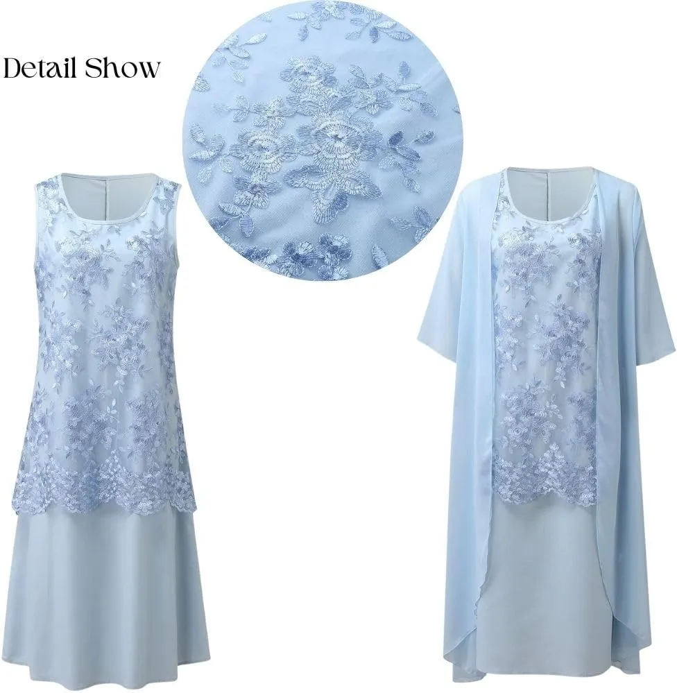 2 Piece Dress Set Chiffon Tea Length Mother of The Bride Dresses for Wedding Floral Print Evening Gowns with Cardigan