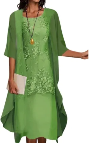2 Piece Dress Set Chiffon Tea Length Mother of The Bride Dresses for Wedding Floral Print Evening Gowns with Cardigan
