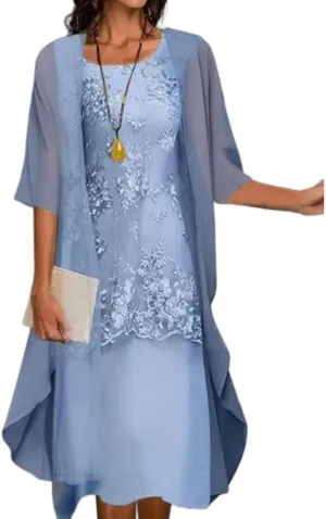 2 Piece Dress Set Chiffon Tea Length Mother of The Bride Dresses for Wedding Floral Print Evening Gowns with Cardigan