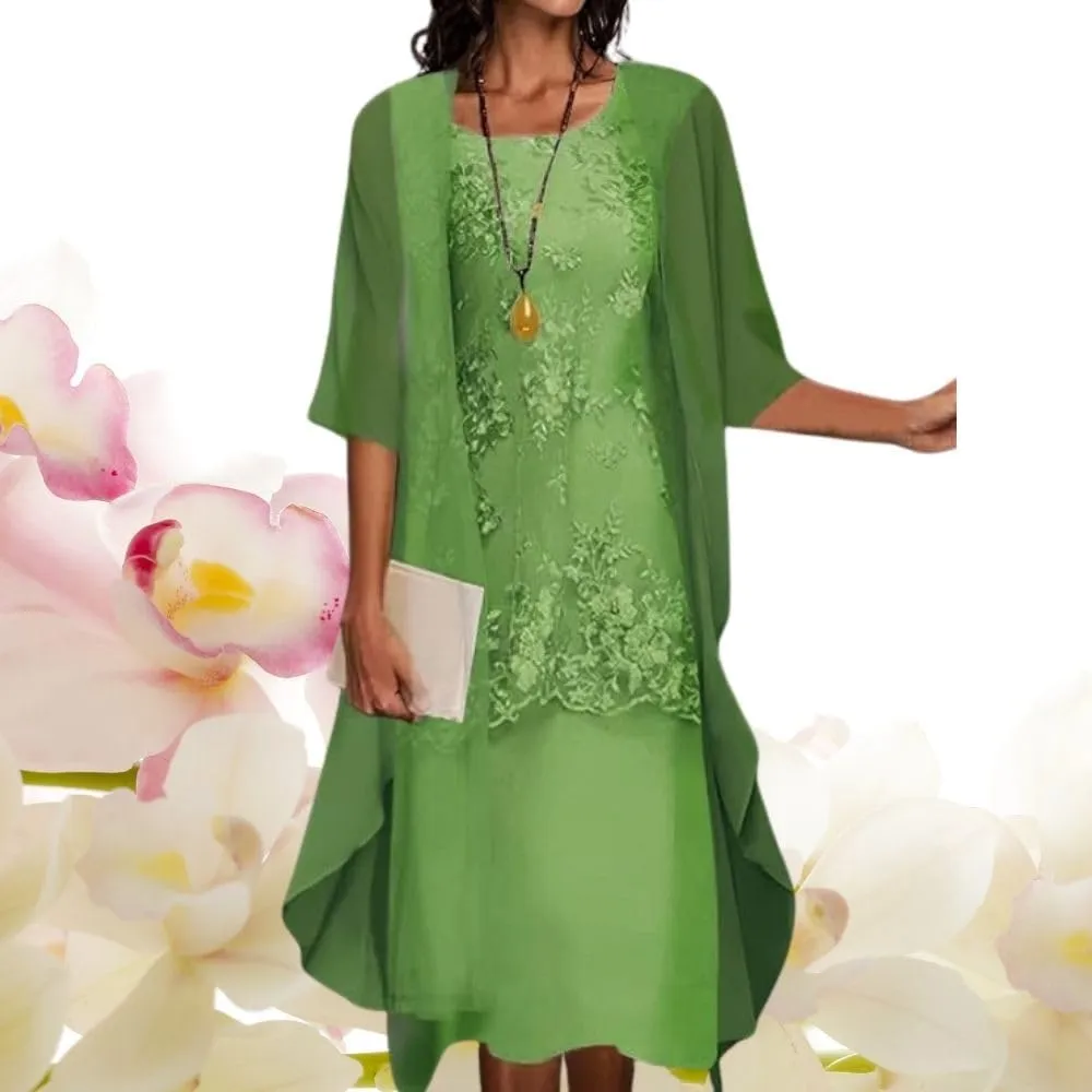2 Piece Dress Set Chiffon Tea Length Mother of The Bride Dresses for Wedding Floral Print Evening Gowns with Cardigan