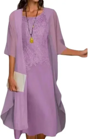 2 Piece Dress Set Chiffon Tea Length Mother of The Bride Dresses for Wedding Floral Print Evening Gowns with Cardigan