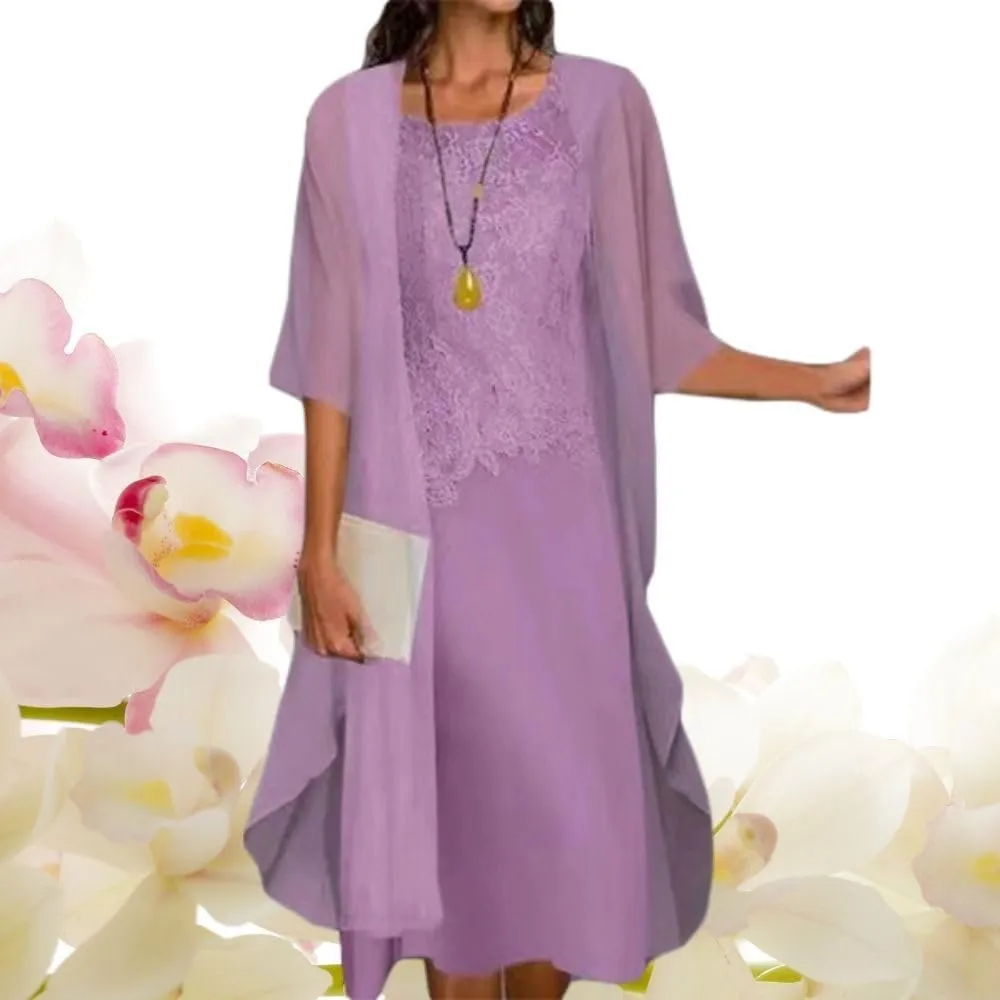 2 Piece Dress Set Chiffon Tea Length Mother of The Bride Dresses for Wedding Floral Print Evening Gowns with Cardigan