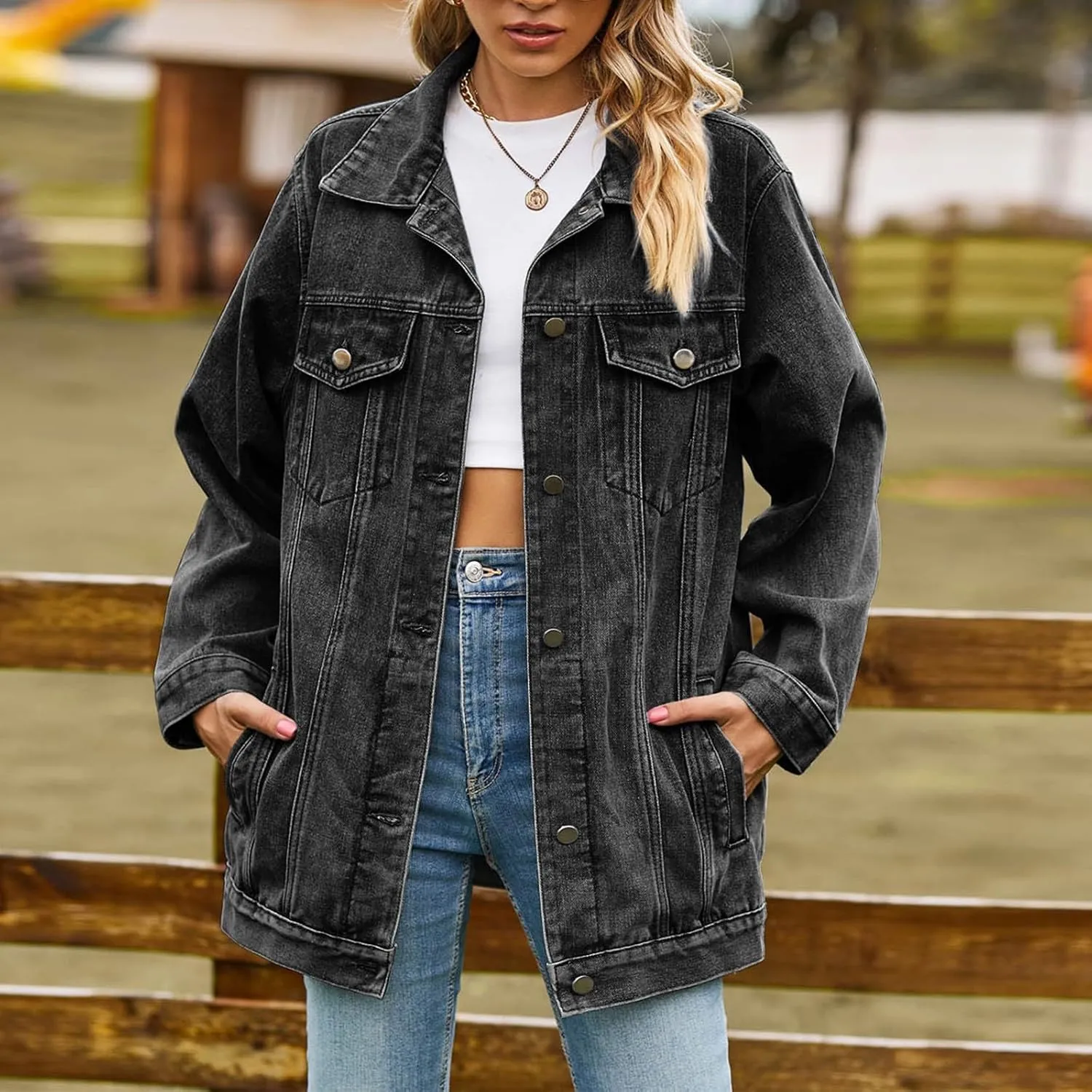 2023 Jean Jacket for Women Distressed Frayed Denim Jacket Ladies Retro Classic Ripped Stretchy Jacket Coats with Pockets