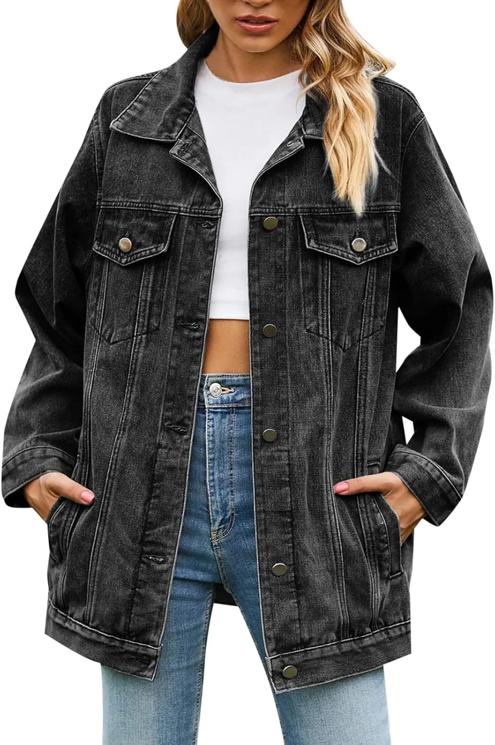 2023 Jean Jacket for Women Distressed Frayed Denim Jacket Ladies Retro Classic Ripped Stretchy Jacket Coats with Pockets
