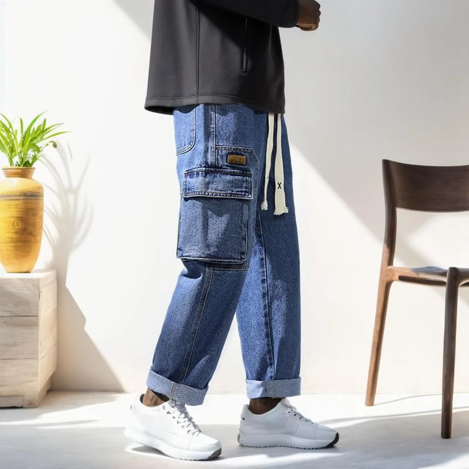 2023 Men's Cargo Jeans Loose Fit Hip Hop Denim Pants Stylish Casual Loose Work Jean Pants Streetwear Straight Fit Jeans