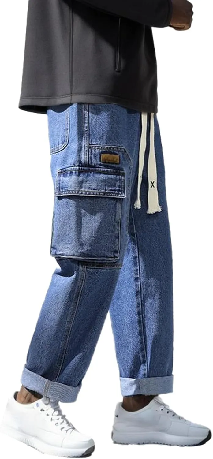 2023 Men's Cargo Jeans Loose Fit Hip Hop Denim Pants Stylish Casual Loose Work Jean Pants Streetwear Straight Fit Jeans