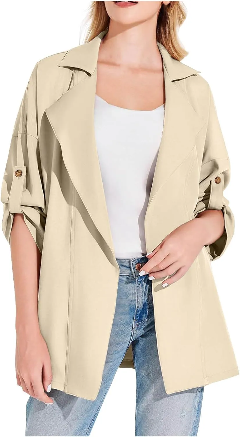 2024 Trench Jackets For Women Dressy Casual Lapel Long Coats Fall Fashion Roll Up Sleeves Notch Collar Overcoats