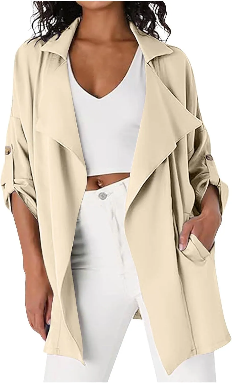 2024 Trench Jackets For Women Dressy Casual Lapel Long Coats Fall Fashion Roll Up Sleeves Notch Collar Overcoats