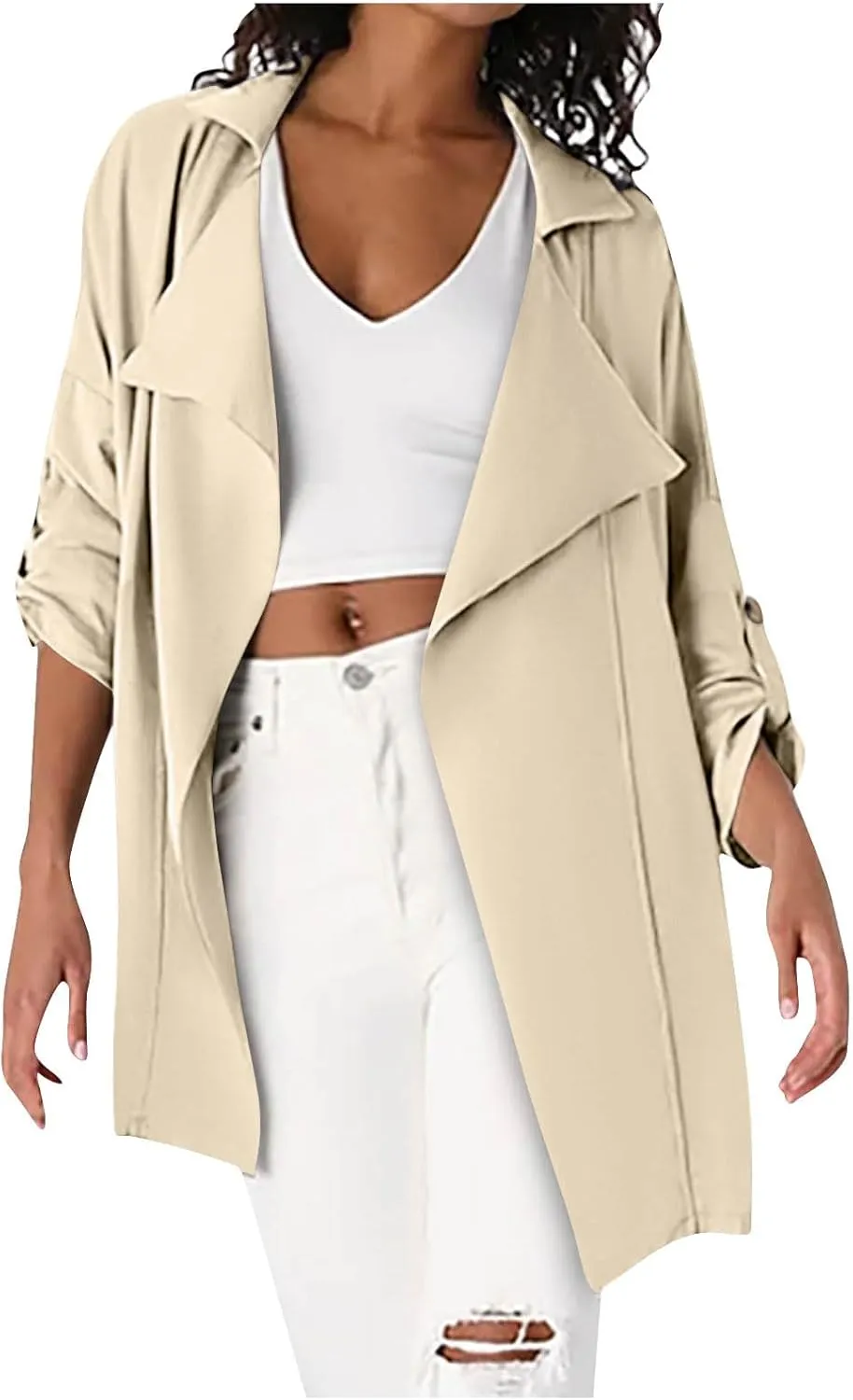2024 Trench Jackets For Women Dressy Casual Lapel Long Coats Fall Fashion Roll Up Sleeves Notch Collar Overcoats