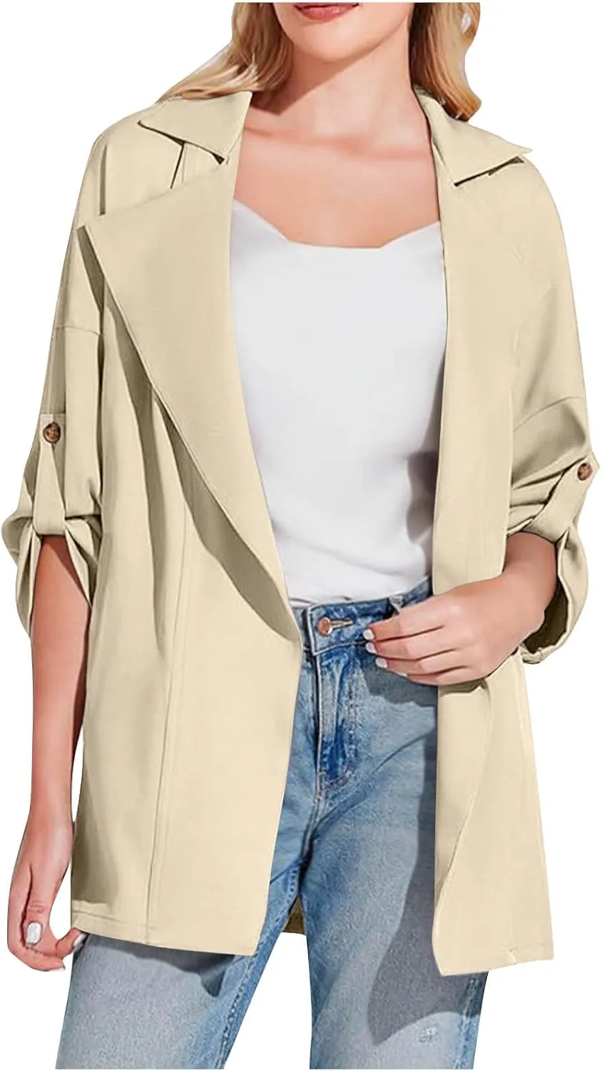 2024 Trench Jackets For Women Dressy Casual Lapel Long Coats Fall Fashion Roll Up Sleeves Notch Collar Overcoats
