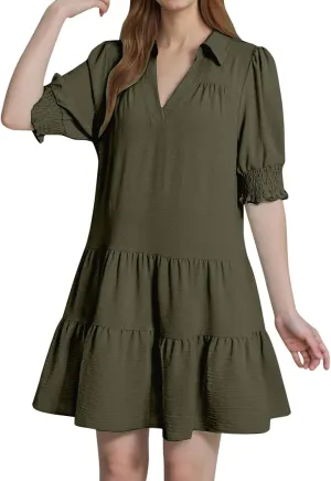 2025 Casual Dresses for Women Lapel Collared V Neck Mid Sleeved Pleated Summer Midi Dresses
