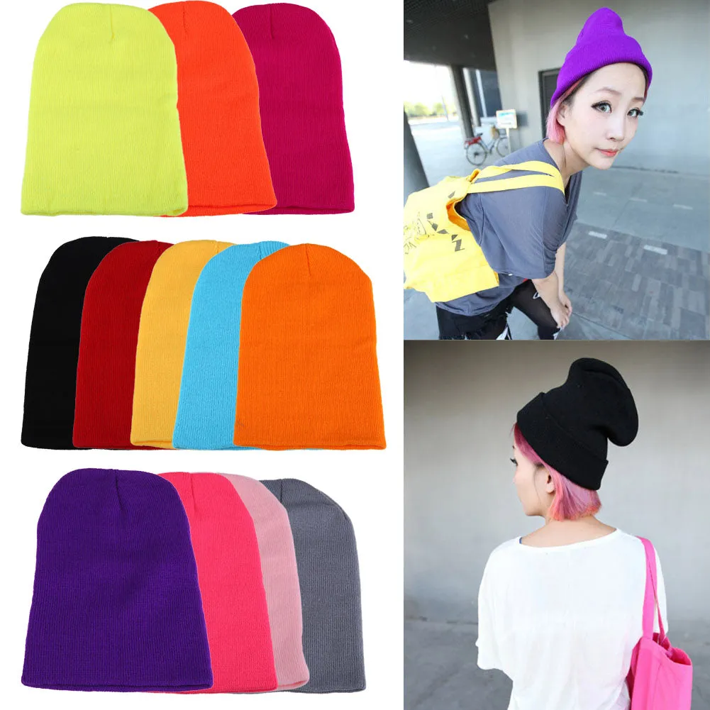 21 Colors High Quality Hats Female Winter Beanies Solid Candy Color Men Women Warm Cuff Plain Knit Ski Long Beanie Skull Cap