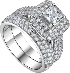 2PCS Women Engagement Rings Set Square Cut Princess CZ Simulated Diamond Ring Set Elegant Jewelry Wedding (C-Silver, 6)