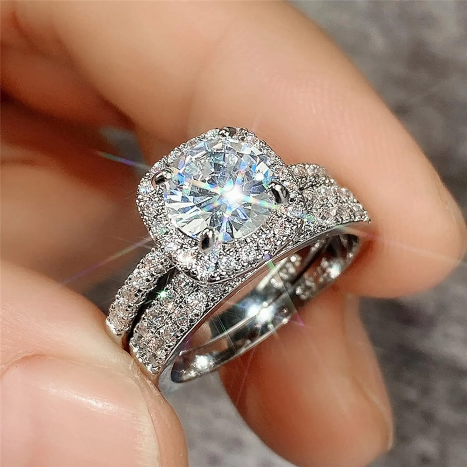 2pcs Women Inlaid Zircon Wedding Band Simulated Diamond Eternal Ring Exquisite Anniversary Ring Elegant Jewelry (Silver, 8)