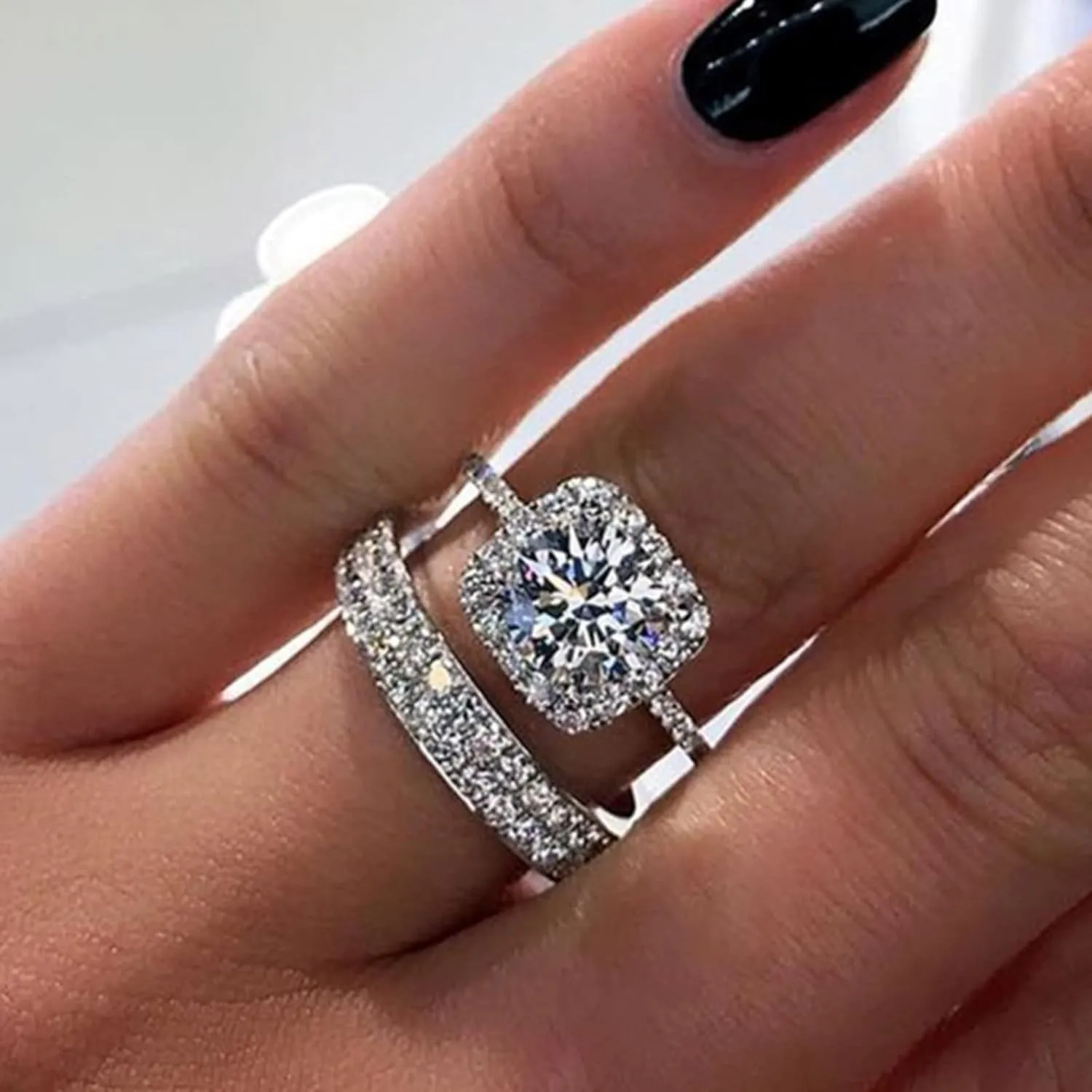 2pcs Women Inlaid Zircon Wedding Band Simulated Diamond Eternal Ring Exquisite Anniversary Ring Elegant Jewelry (Silver, 8)