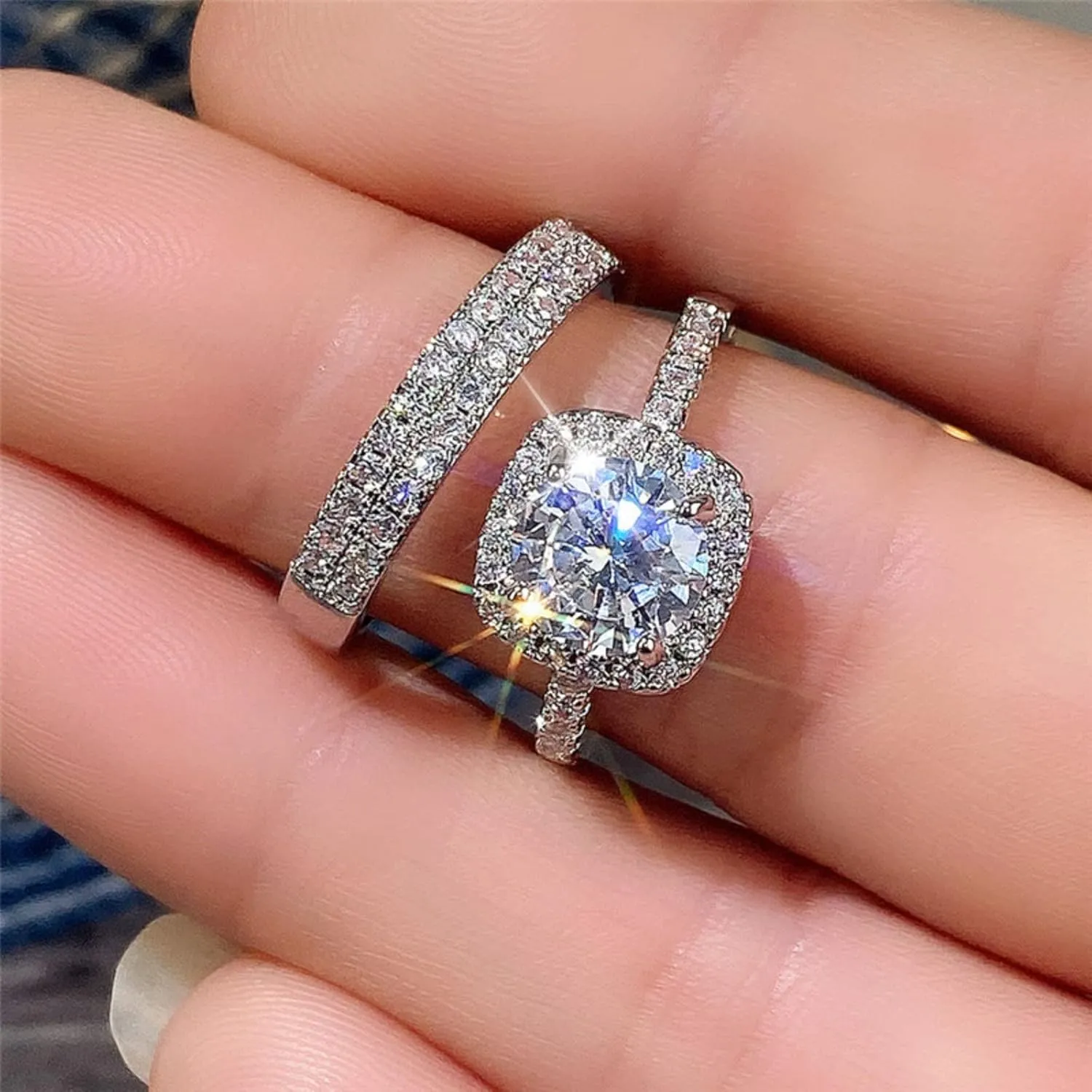2pcs Women Inlaid Zircon Wedding Band Simulated Diamond Eternal Ring Exquisite Anniversary Ring Elegant Jewelry (Silver, 8)