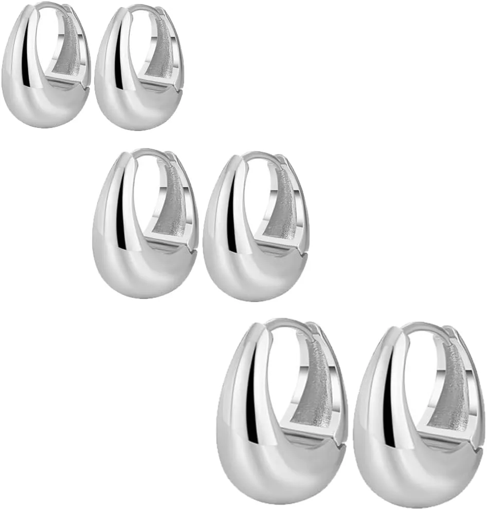 3 Pairs Gold Hoop Earrings Gold Plated Chunky Earrings Set Twists Huggie Hoop Earring Set Gold|Silver Thin Gold Hoop Earrings Set for Women (B-Silver)
