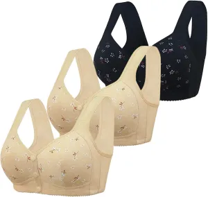 3 PC Daisy Bras for Older Women Front Closure Bra Convenient Sports Bra Front Snaps Soft Cup Wireless Bras