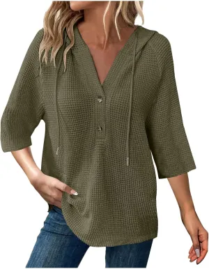 3/4 Length Sleeve Spring Tops for Women 2025 Waffle Knit Hooded Shirts Drawstring Buttons V Neck Blouses Comfy Clothes