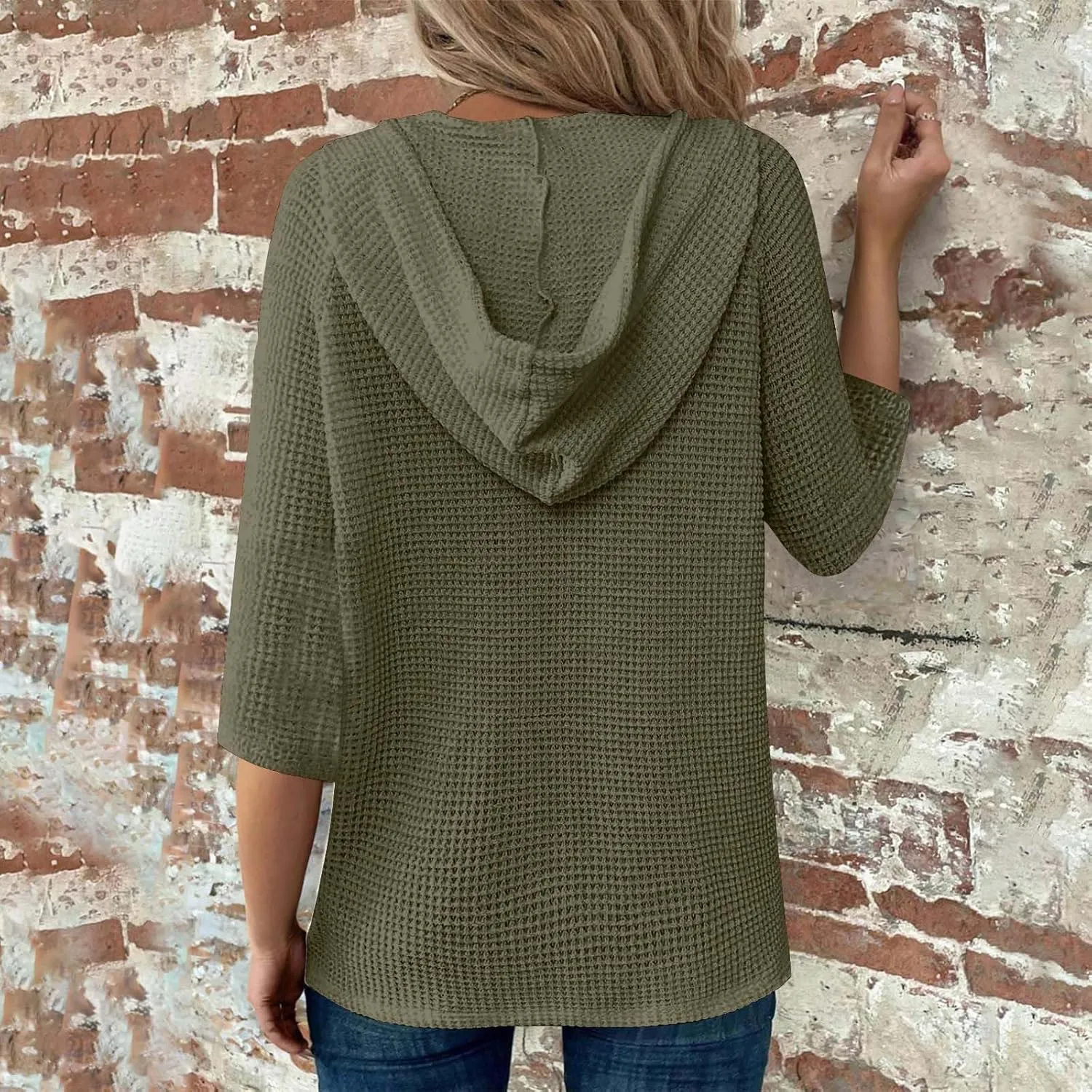 3/4 Length Sleeve Spring Tops for Women 2025 Waffle Knit Hooded Shirts Drawstring Buttons V Neck Blouses Comfy Clothes