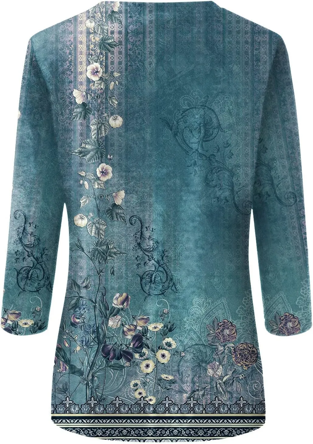 3/4 Length Sleeve Womens Tops Boho Printed Pullover Round Neck Casual Basic Blouses Loose Fit 3/4 Sleeve T Shirts