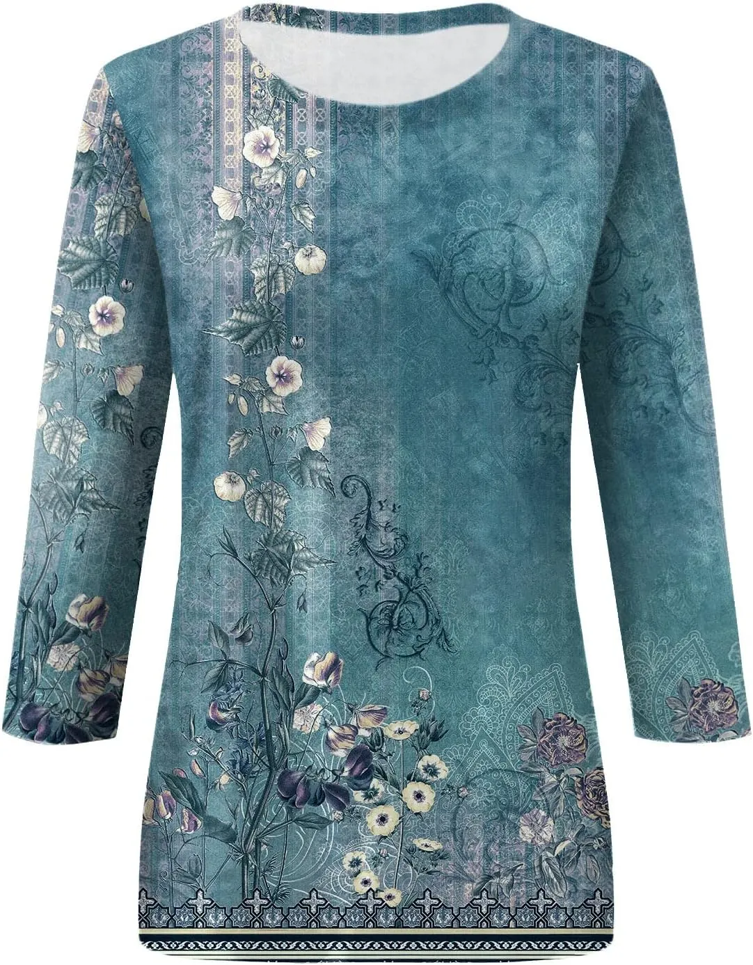 3/4 Length Sleeve Womens Tops Boho Printed Pullover Round Neck Casual Basic Blouses Loose Fit 3/4 Sleeve T Shirts